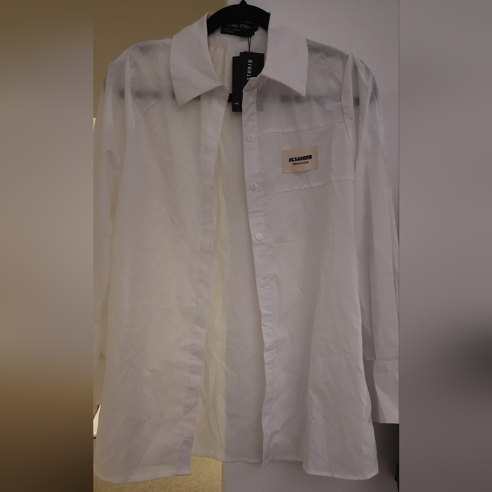 Jil Sander White Oversized Cotton Shirt with Patch Pocket